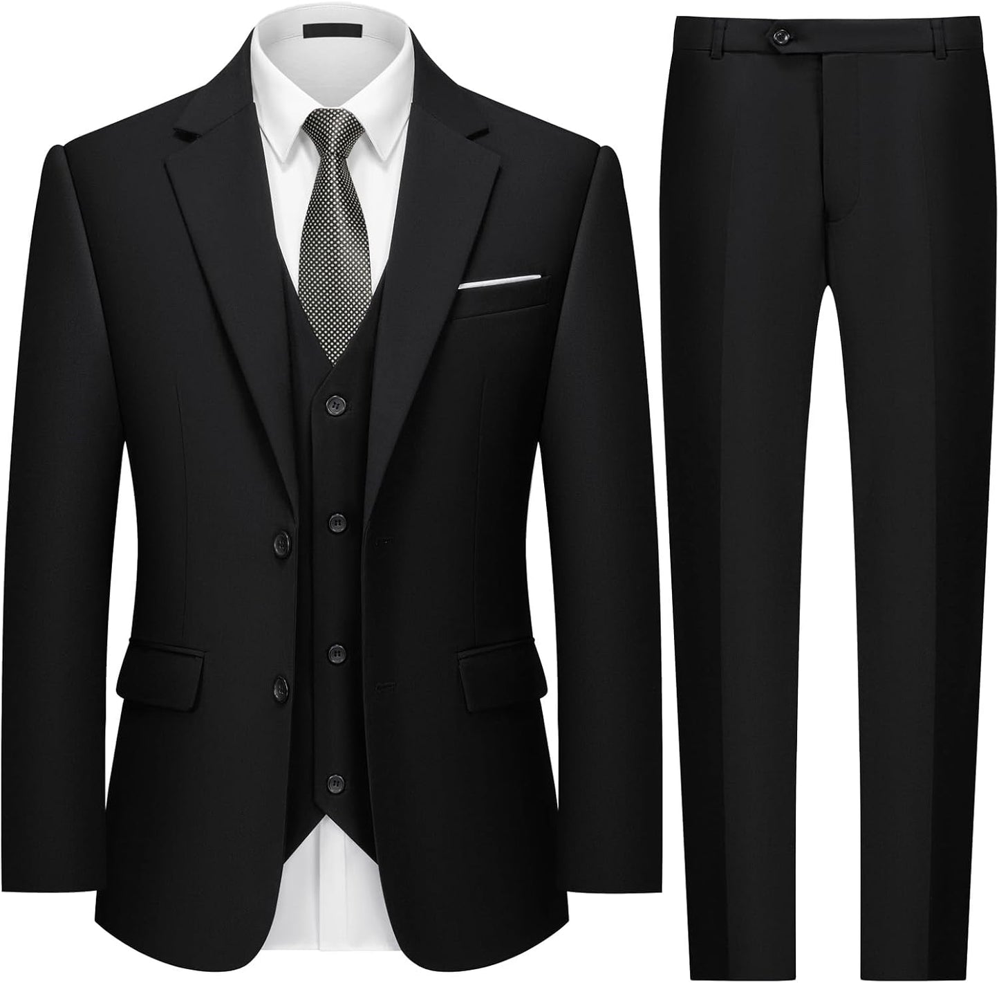 Men's Two Button 3-Piece Suits Slim Fit Tuxedo Set with Blazer Jacket, Vest & Pants for Wedding, Prom or Business