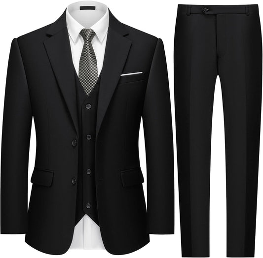 Men's Two Button 3-Piece Suits Slim Fit Tuxedo Set with Blazer Jacket, Vest & Pants for Wedding, Prom or Business