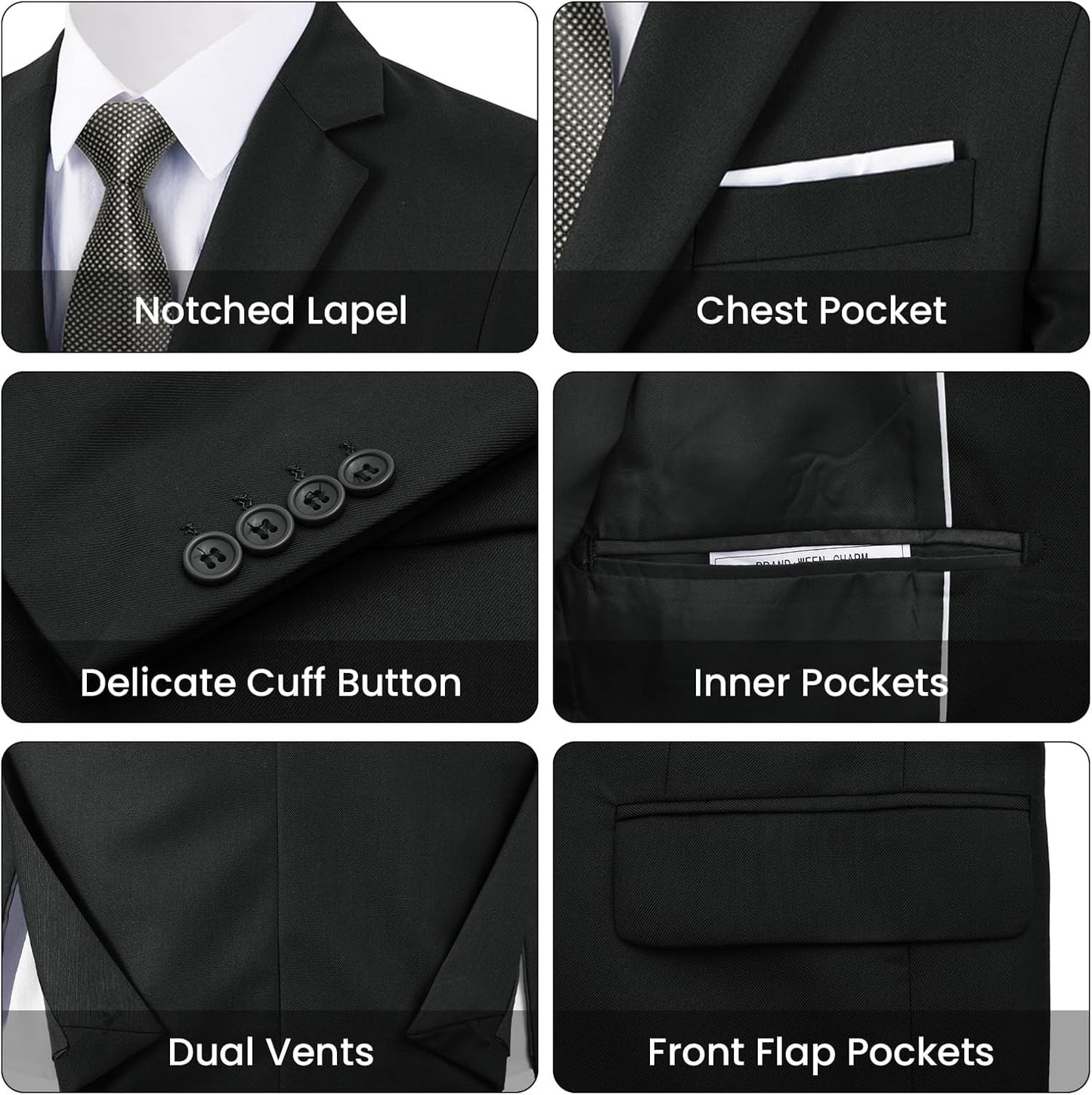 Men's Two Button 3-Piece Suits Slim Fit Tuxedo Set with Blazer Jacket, Vest & Pants for Wedding, Prom or Business